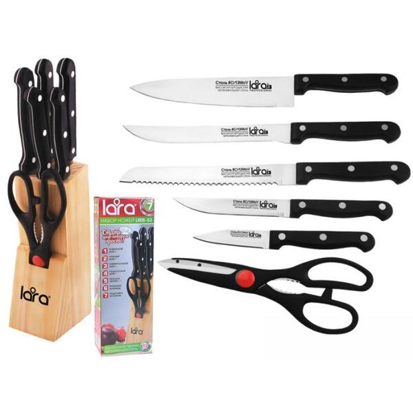 Нож  кухонный в наборе LARA LR05-53 7пр.: 5ножей+ножницы+деревянная подставка