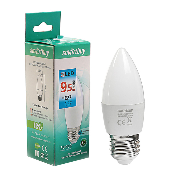 Лампа  светодиод. Smartbuy С37-9,5W-6000-E27 ХОЛОДНЫЙ свет