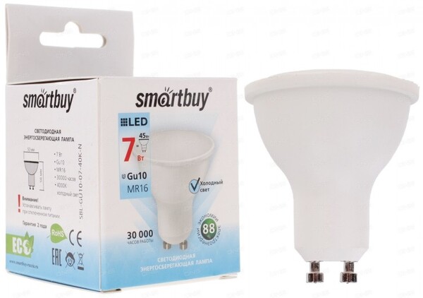 Лампа  светодиод. Smartbuy Gu10-7W/6000 ХОЛОДНЫЙ свет